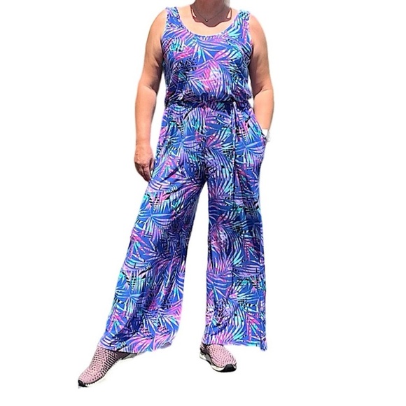 Pappagallo Blue and Purple Leaf Print Jumpsuit - Picture 3 of 13
